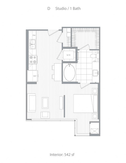 Floor plan for studio, 1 bath, 542 sqft